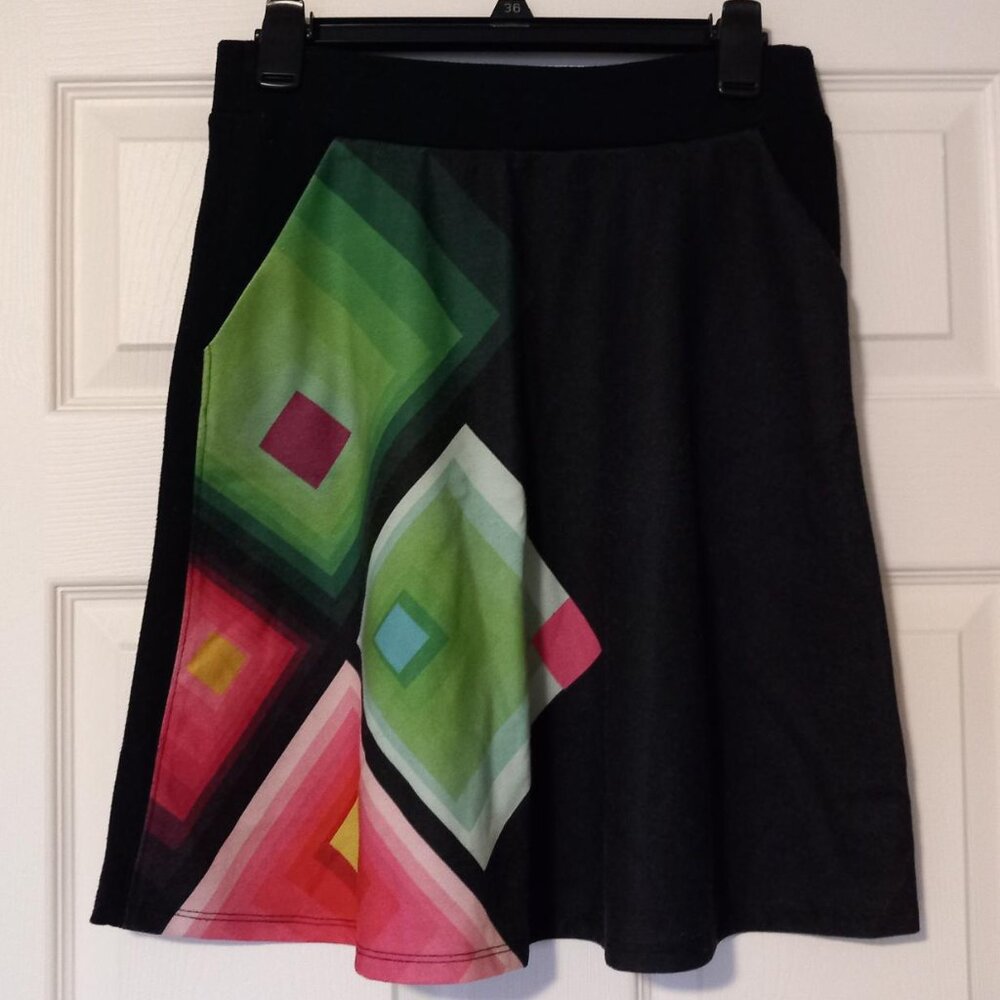 Desigual Black A-Line Skirt Geometric Color Block Print | Gold Logo | M